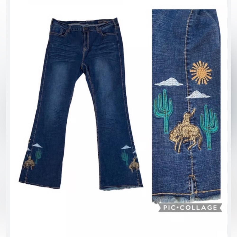 Cowgirl Tuff-36/32-oasis trouser,desert embroidered accents,boot cut, blue jeans